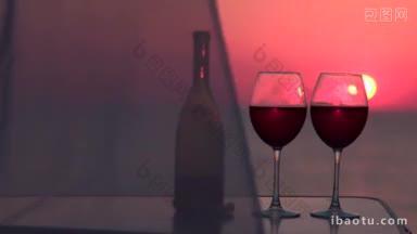 夕阳下的两杯红酒，海边的透明窗帘随风飘扬